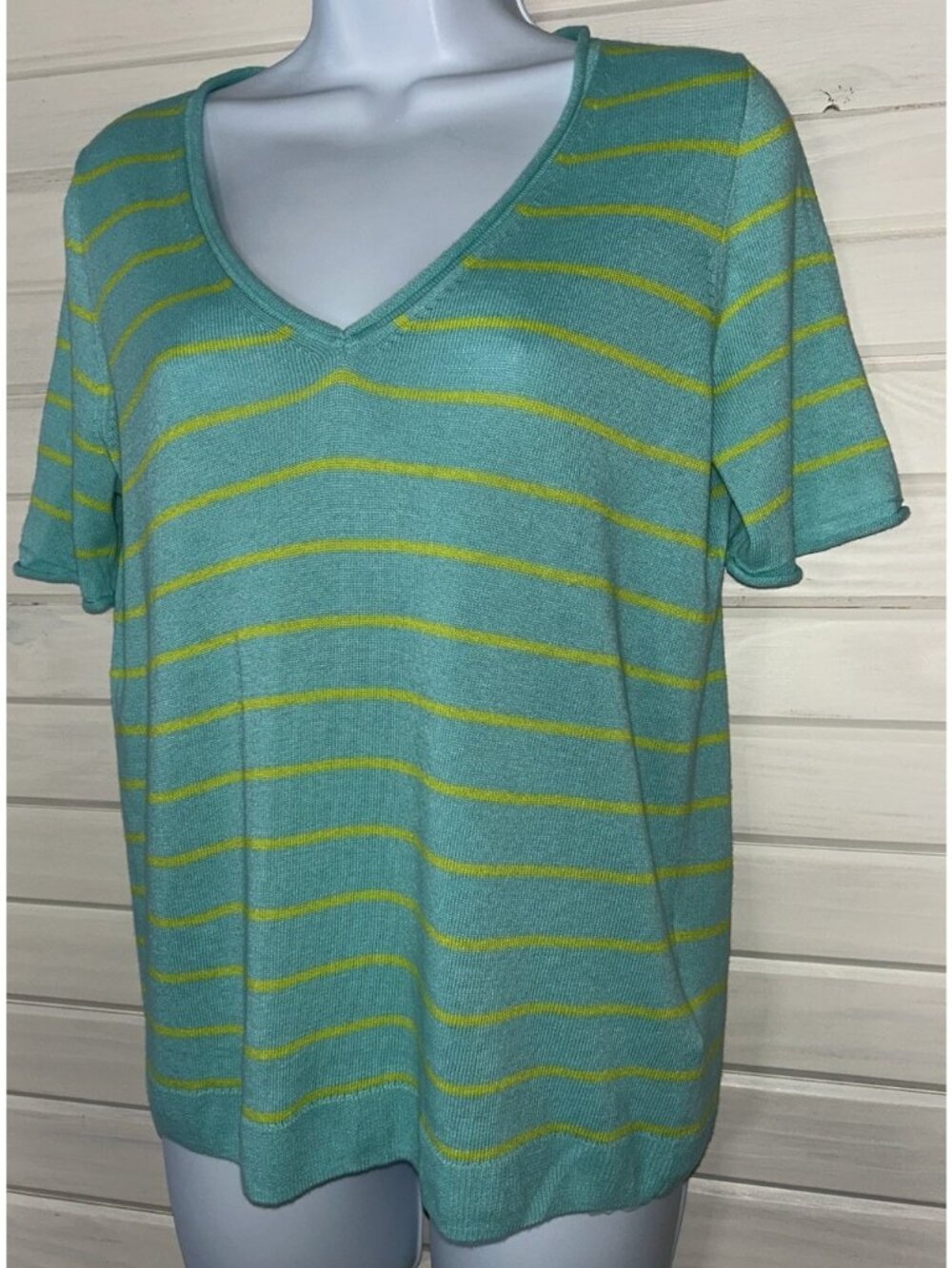 J Crew Sz XS Linen Blend Sweater V-Neck Green Yellow Stripe S/S Washable EUC